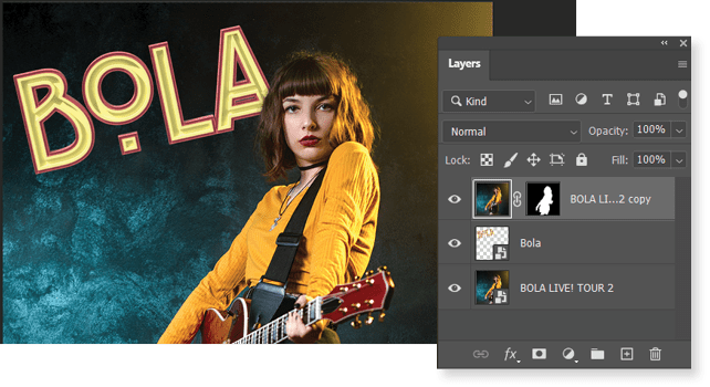 Image in Photoshop with lighting gradating to gold off right margin. Layers panel shows three layers: BOLA LI...2 copy (adjustment layer with singer's silo masked), Bola (transparent layer with BOLA text), BOLA LIVE! TOUR 2 (core image).