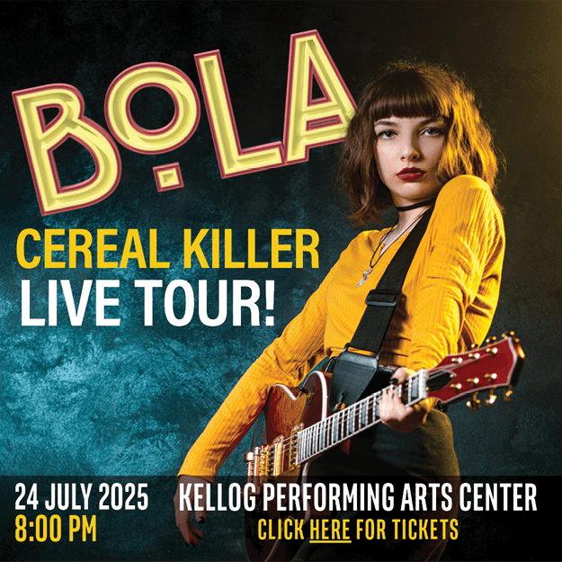 Square ad shows image of girl with BOLA type. Text reads: "CEREAL KILLER LIVE TOUR" in yellow and white type knocked out of photo. Knocked out of shaded region at bottom of square: " 24 JULY 2025 KELLOG PERFORMING ARTS CENTER 8:00 PM CLICK HERE FOR TICKETS."