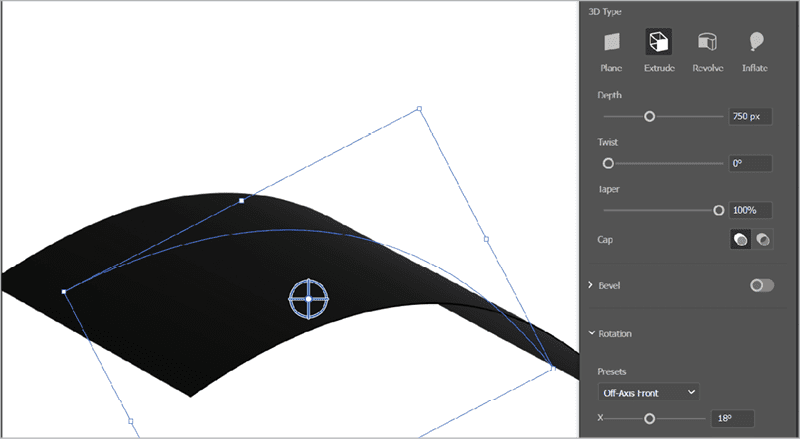 Curve in Figure 6 shown with 3D type Extrude in menu to right of image. Depth: 750 px; Twist: 0°; Taper: 100%; Cap: (left icon, solid cylinder). Bevel: off. Rotation — Presets: Oft-Axis front, 18°