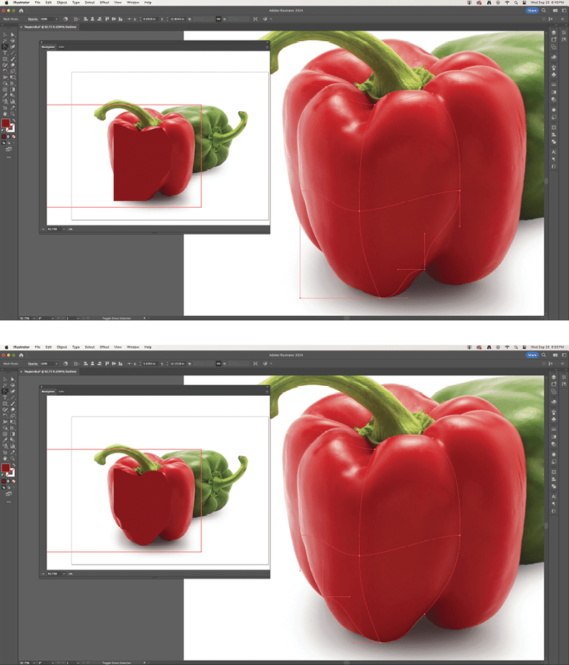 Two screenshots show steps to add points to the gradient mesh to follow the contours of the red pepper.