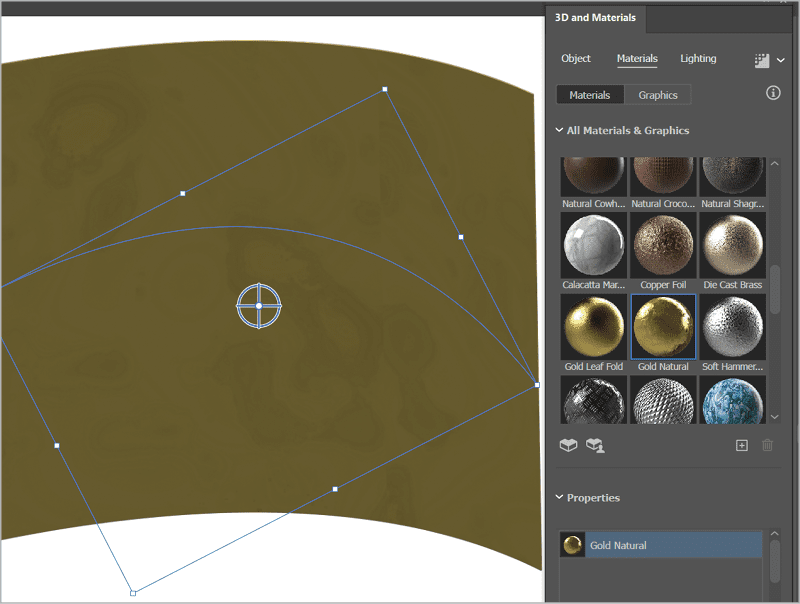 Object from Figure 6 shown as wireframe with large gold area. 3D and Materials panel, Materials tab, Materials sub-tab, All Materials & Graphics section shows Gold Natural selected from 12 spherical preview objects of various materials. Properties list shows "Gold Natural" highlighted as the only item in the section.