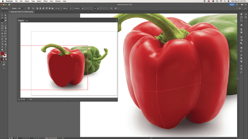 Screenshot shows the completed first mesh shape for the red pepper.