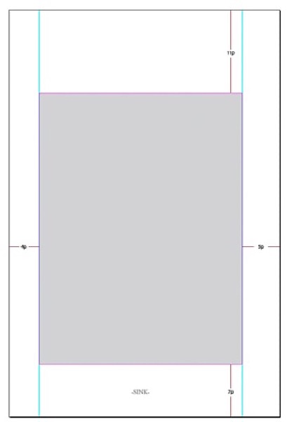 InDesign page shows dimensions off margins and highlights live area with gray tint box.