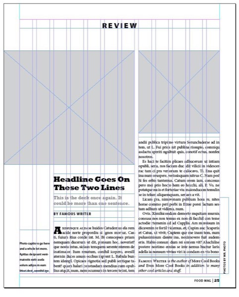 Screenshot of InDesign page built on a 12-column grid. Two text columns of five columns, plus two columns for marginalia.