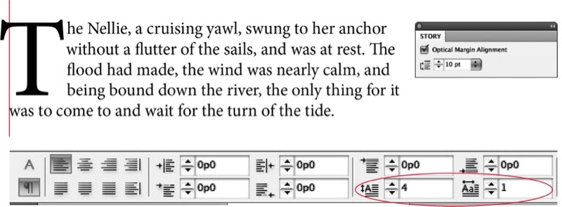 Text with dropcap shows Contral panel with highlighted fields for drop caps (4 lines, 1 character).