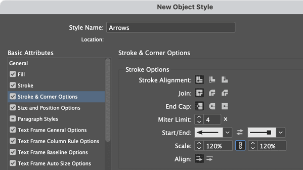 New Object Style dialog box in Adobe InDesign showing Stroke & Corner Options for arrowheads