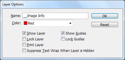Screen shot of Layer Options dialog box shows layer Name: ___image Inffo, Color: Red, and Show Layer and Show Guides turned on.