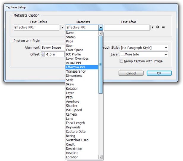 Screen shot of Caption Setup dialog box. Metadata Caption section shows Text Before set to "Effective PPI: " and drop-down menu selecting Effective PPI for Metadata field.