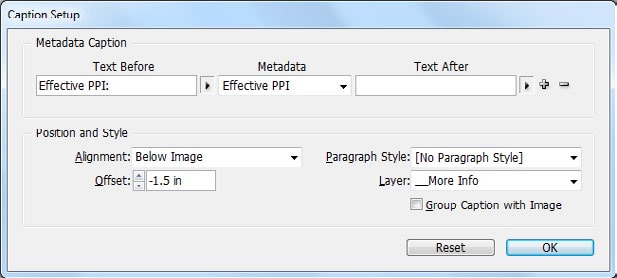 Caption setup dialog box as in Figure 5, but with Alignment set to "below image" and offset set to -1.5 in. Layer is set to "_More Info."