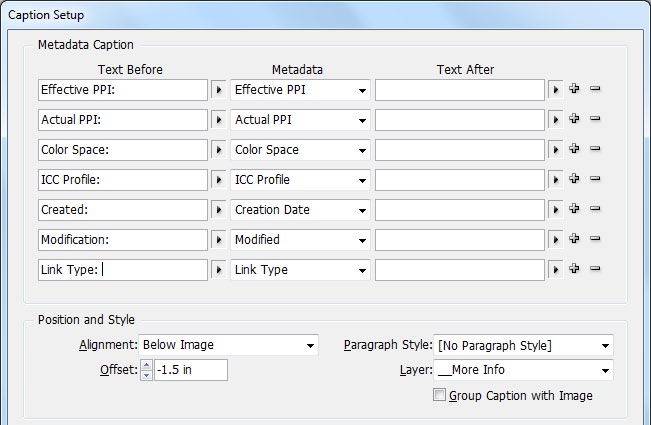 Caption setup dialog box shows values for Text Before and Metadata: Effective PPI: (Effective PPI); Actual PPI: (Actual PPI). Color Space: (Color Space); ICC Profile: (ICC Profile); Created: (Creation Date); Modification: (Modified); Link Type: (Link Type). Other values as in Figure 6.