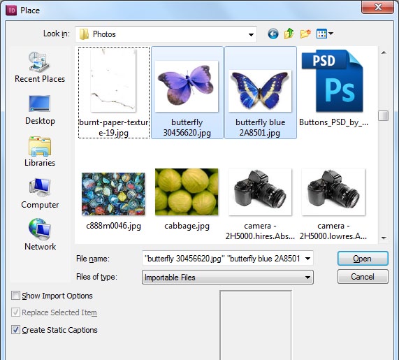Place dialog box from Windows shows multiple JPEG files highlighted with option Create Static Captions turned on.