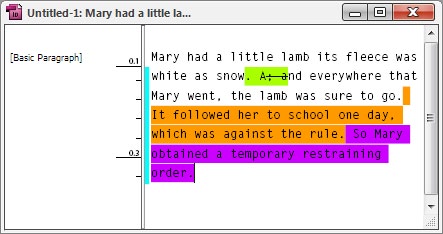 Screenshot of story editor view with multiple changes added and removed by three individuals, with changes marked in green, orange, and light purple.