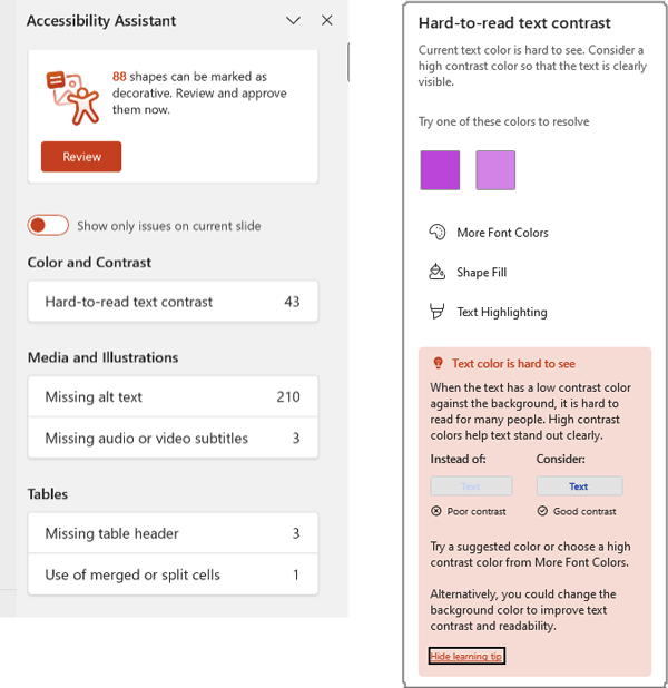 Accessibility Assistant pane in Powerpoint