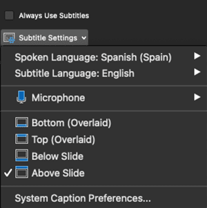 Live subtitle options in PowerPoint 