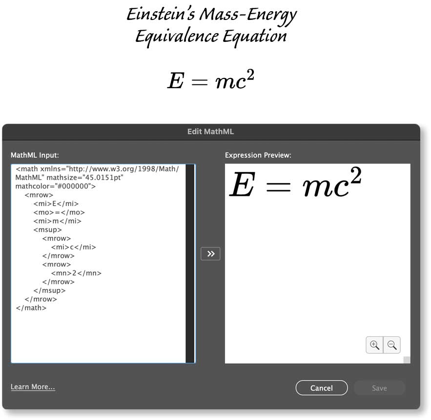 Einstein equation in MathML in InDesign