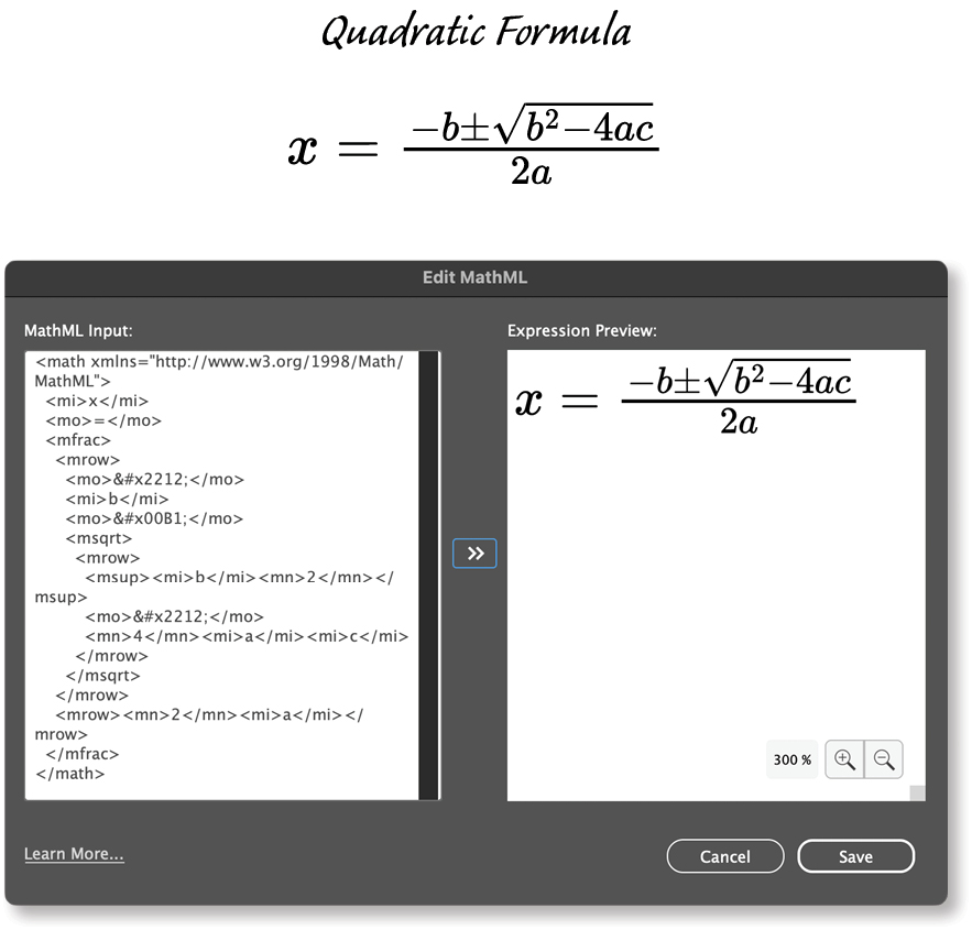 quadratic equation in MathML in InDesign