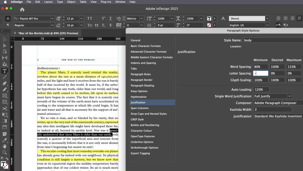 InDesign set great-looking body text
