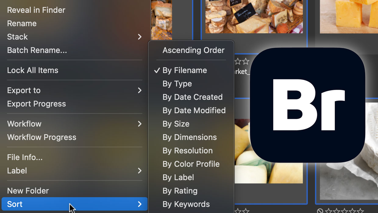 File-sorting options in Adobe Bridge