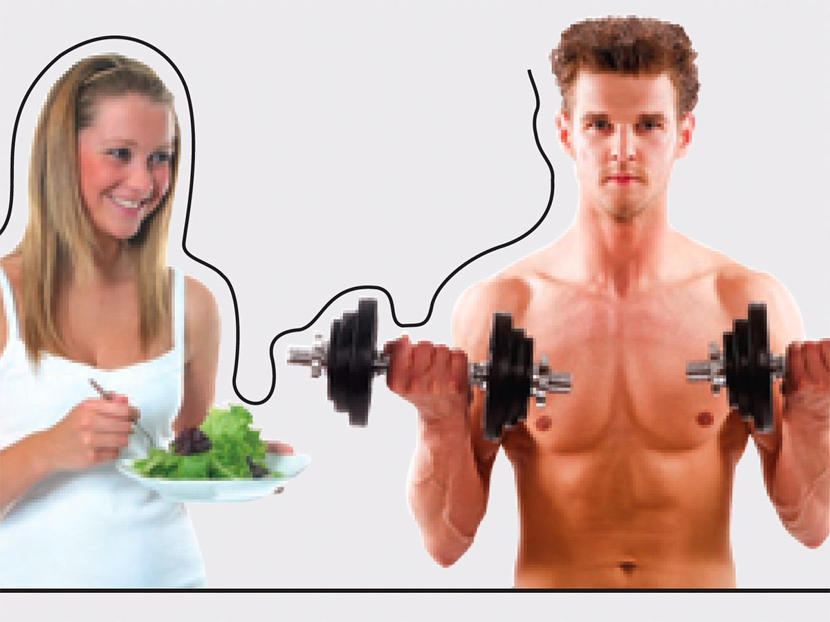 woman eating salad and man lifting weights