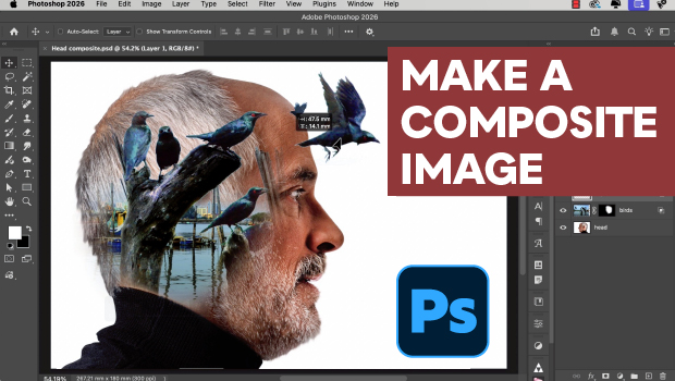Profile of an elderly man with a bird-and-landscape composite overlaid; Photoshop interface visible.