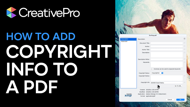 Thumbnail for a CreativePro tutorial: title reads 'HOW TO ADD COPYRIGHT INFO TO A PDF' with a PDF metadata dialog over a surfer image.