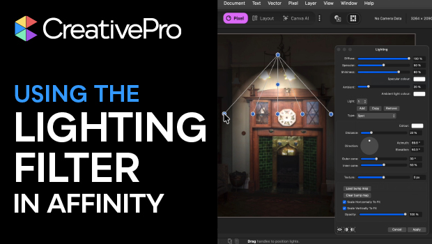 CreativePro branding with the title 'Using the Lighting Filter in Affinity' beside a screenshot of the Lighting Filter panel over a doorway photo.
