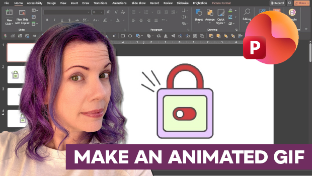 Woman with purple hair stands beside a PowerPoint slide featuring a purple-pink padlock icon and bold text reading 'MAKE AN ANIMATED GIF' — a tutorial thumbnail.