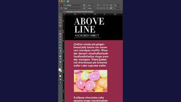 Screenshot of a design document titled 'ABOVE LINE' with a black header, pink content area, and a photo of pastel candy swirls below the text