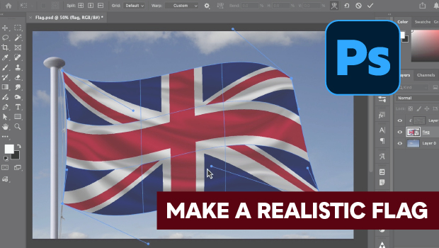 Union Jack flag being edited in Photoshop UI, with a dark red banner saying 'MAKE A REALISTIC FLAG' across the bottom (tutorial context).