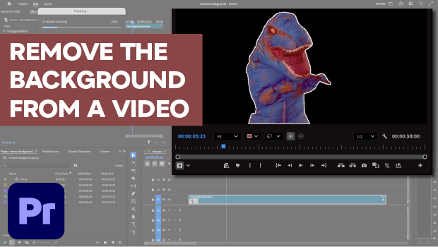Collage of video editing screens with a blue dinosaur clip and a bold red banner that reads 'REMOVE THE BACKGROUND FROM A VIDEO'.