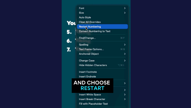 Mobile menu on a teal UI with 'Restart Numbering' highlighted; a black label reads 'AND CHOOSE RESTART' over the option.