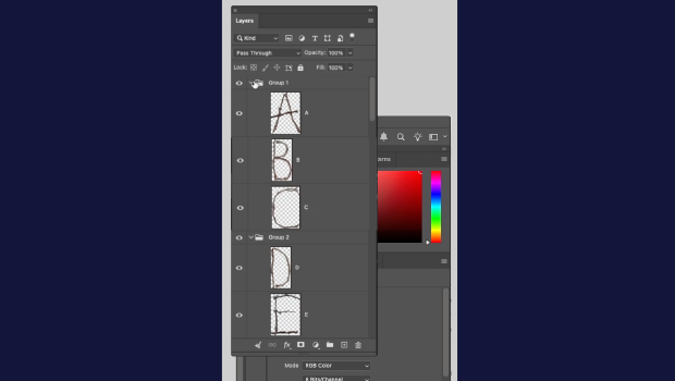 Screenshot of a photo editing app showing stacked layers labeled A to E and a color picker panel on the right.