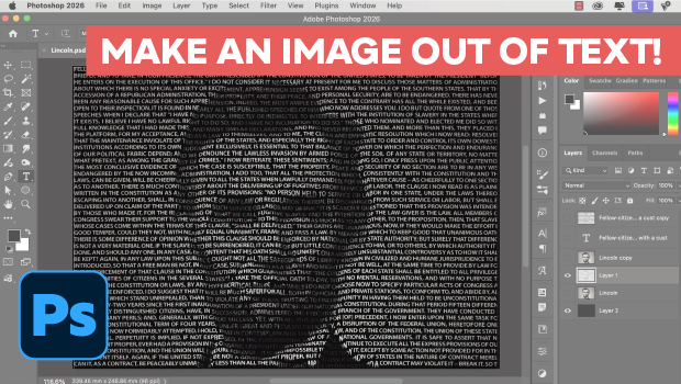 Photoshop workspace showing a portrait created from dense white text, with a red banner reading 'MAKE AN IMAGE OUT OF TEXT!' across the top and the blue Photoshop logo bottom-left.