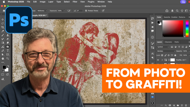 Designer with glasses standing in front of a Photoshop interface on screen, a graffiti-style artwork in the background and an orange badge reading 'FROM PHOTO TO GRAFFITI!'