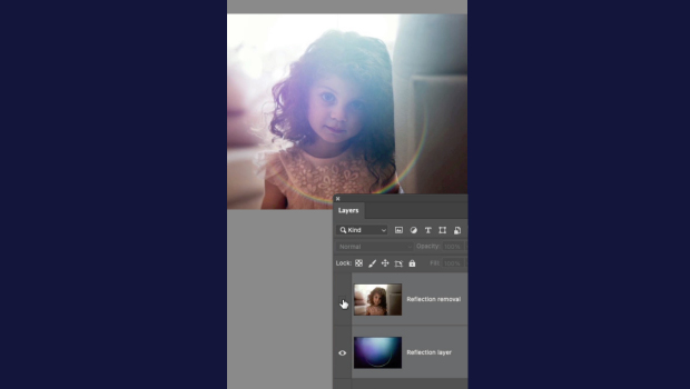 Portrait of a young girl in soft light with a Photoshop-like layers panel visible on the side, showing layers labeled Reflection removal and Reflection layer.