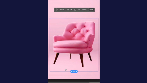 Pink tufted armchair with wooden legs on a pink backdrop inside a photo editing frame