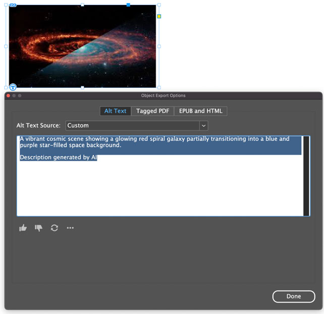 InDesign Object Export Options dialog box containing generated alt text for a placed image of a red spiral galaxy