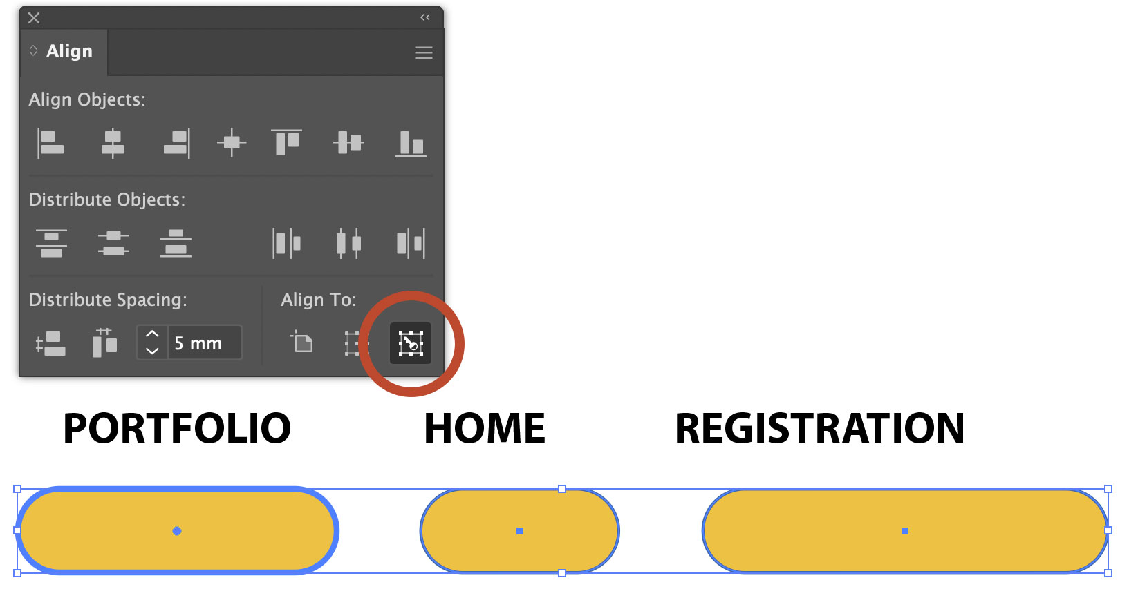 Screenshot of a design tool's Align panel with 'Align Objects' and 'Distribute' options; below are three gold rounded pills labeled PORTFOLIO, HOME, REGISTRATION.