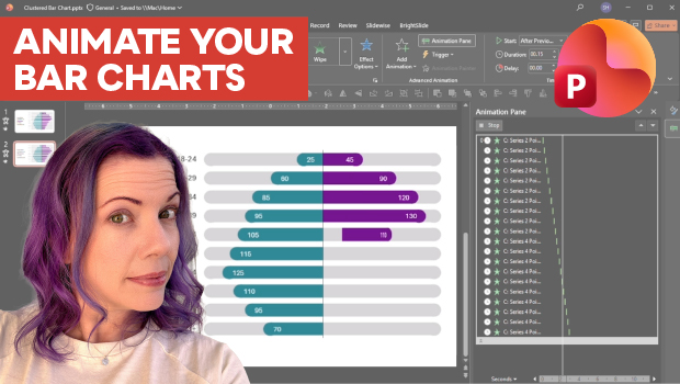 Person with purple hair in front of a PowerPoint screen showing a bar chart; a red banner reads 'ANIMATE YOUR BAR CHARTS' indicating a tutorial thumbnail.