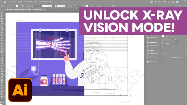 Screenshot of a vector design workspace showing a purple banner reading 'UNLOCK X-RAY VISION MODE' over a scientist illustration with an X-ray style, and an Illustrator 'Ai' icon in the corner.