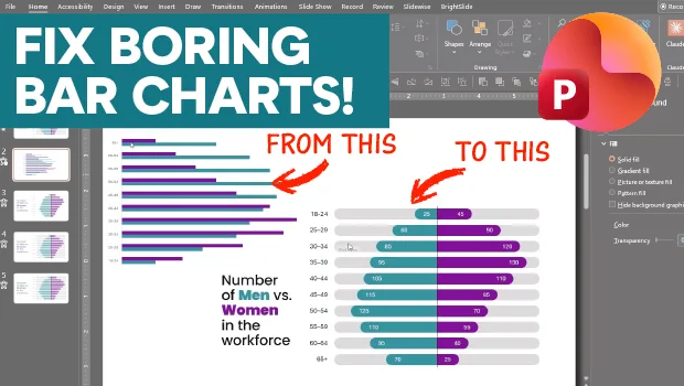 Slide comparing 'before' and 'after' bar charts: left shows simple, dull bars; right shows colorful, clearer bars illustrating men vs women in the workforce, with the heading 'FIX BORING BAR CHARTS!' and a PowerPoint logo overlay.