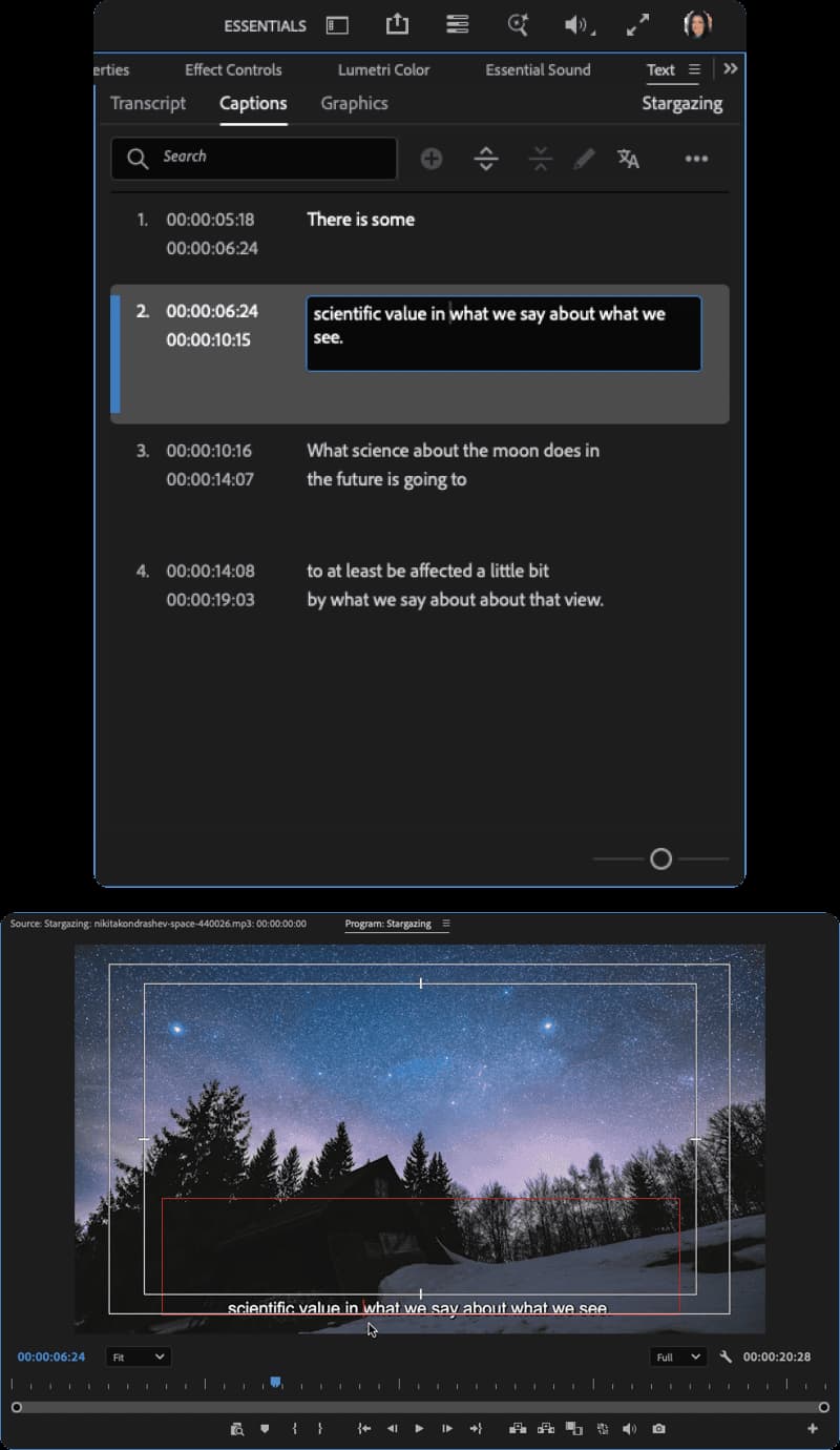 Figure 10. Edit captions either directly in the Captions tab of the Text panel or in the Program Monitor.