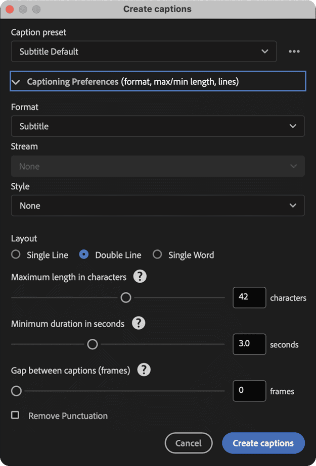 Figure 14. In the Create Captions dialog box, you can select a caption preset and set the captioning preferences using the Format, Style, and Layout options.