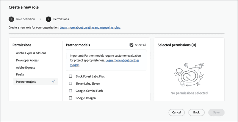 Figure 14. Roles can be defined to limit access to external partner models for AI content creation.