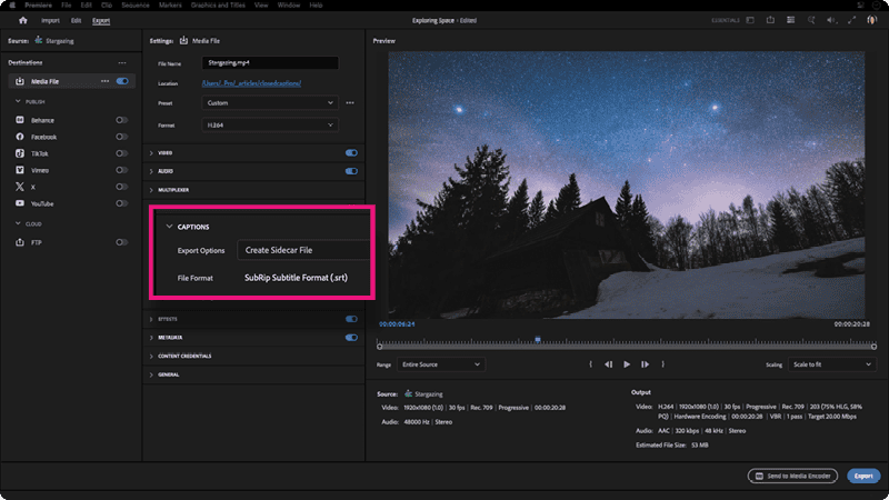 Figure 15. Export your video with either closed captions using the Create Sidecar File option or open captions using the Burn Captions Into Video option for Export Options.