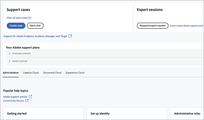 Figure 9. The Admin Console can be a gateway to help and training for Adobe products and services, including the console itself.
