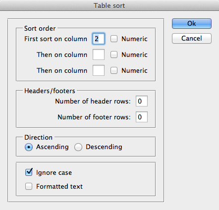 TableSort dialog box.