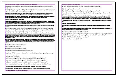 InDesign spread with text flowed across pages in primary text frame.