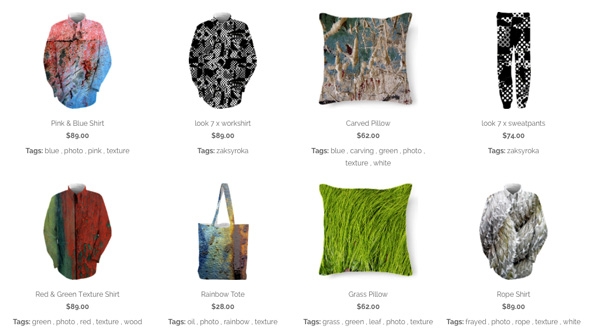 Listing of colorful clothing and homewears for sale